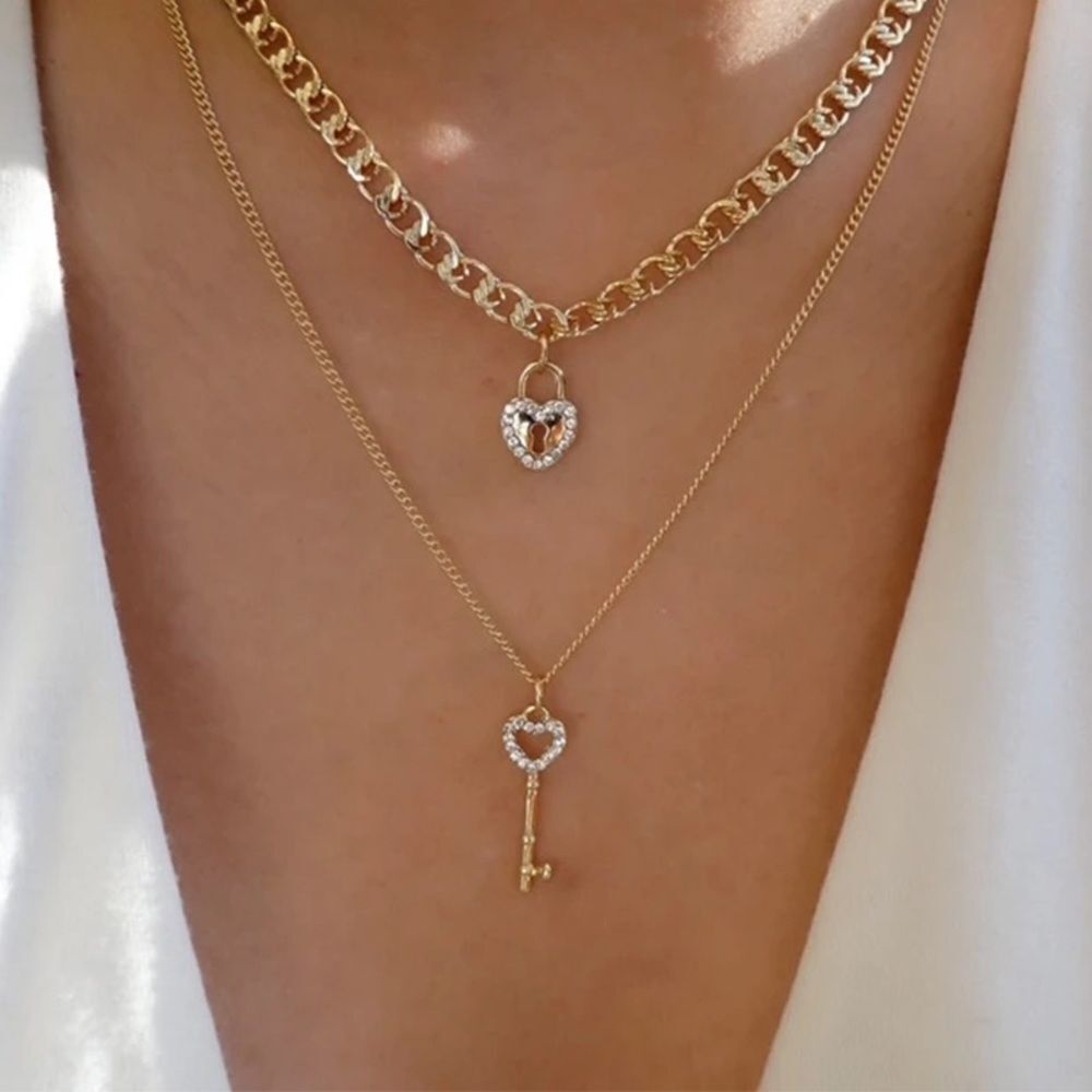 Rhinestone Lock and Key Layered Gold Chain Necklace